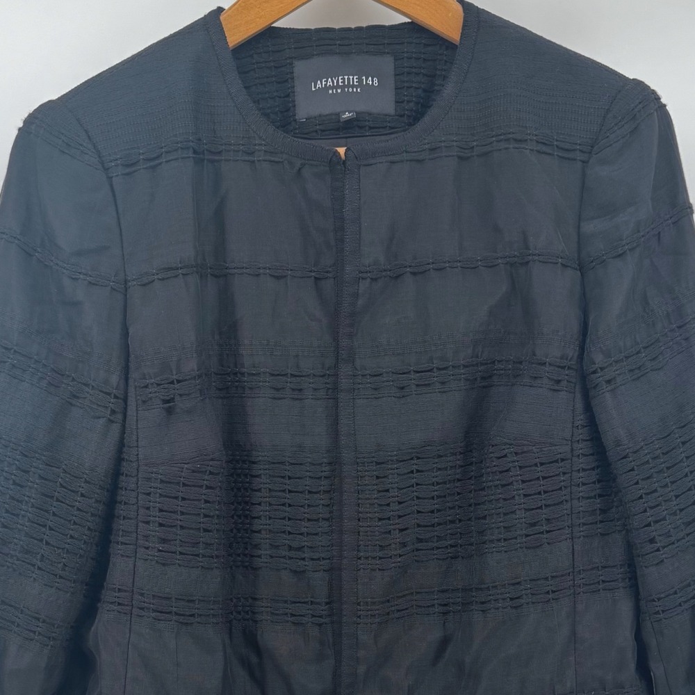 Lafayette 148 New York Black Textured Grid‎ Collarless Jacket Women's 6 Longline - Picture 2 of 8